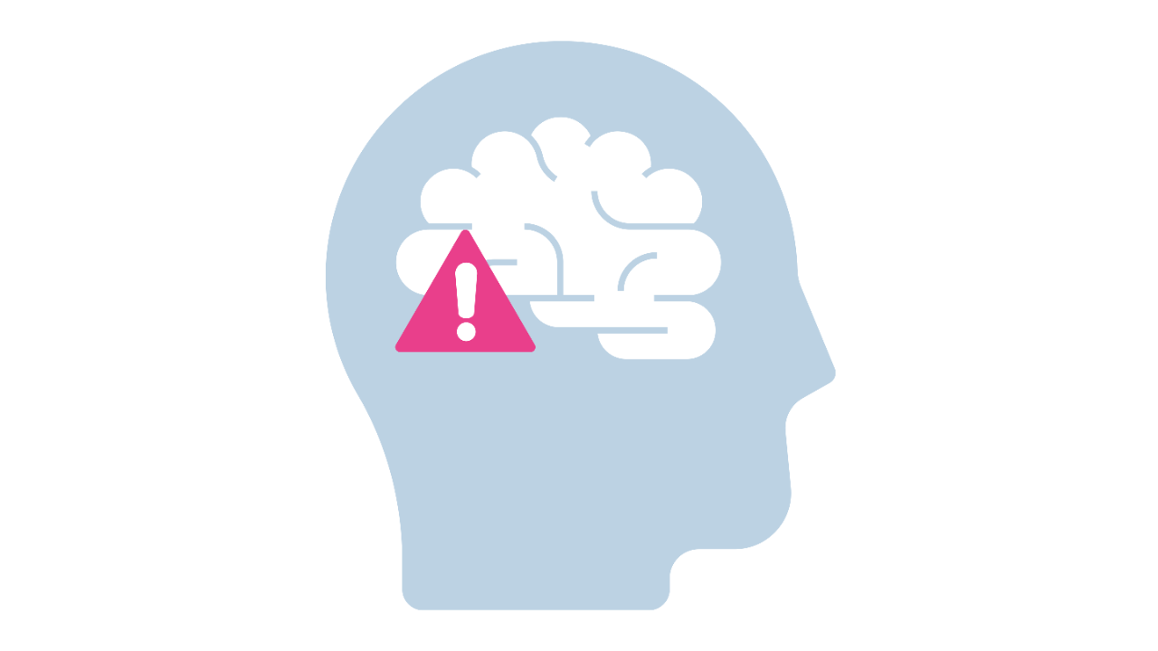 Illustration of the inside of the head的the brain with a warning icon